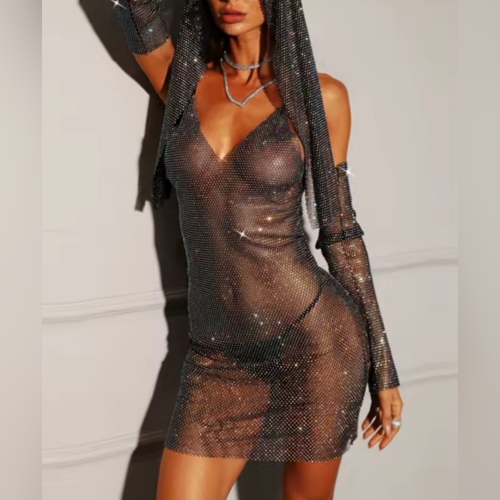 Festival Season Elegant AB Rhinestone Embellished Little Black Mesh Dress